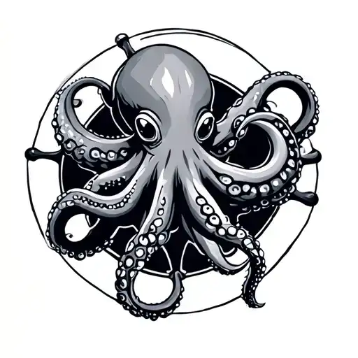 Octopus In Round And In Boat Steeringwheel