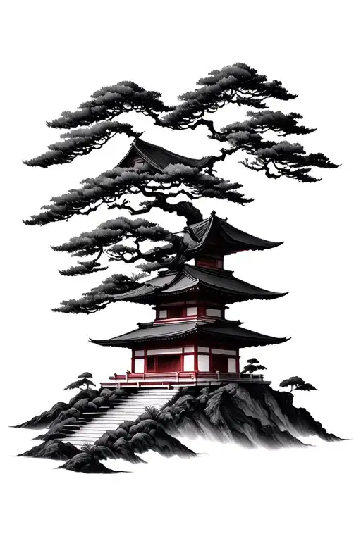 Japanese Temple Mountain And Bonsai Tree