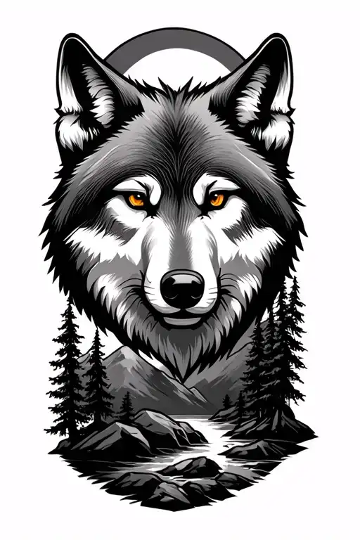Tattoo Wolf Head Realistic Friendly Over A Mountain With Dark Rocks And Trees