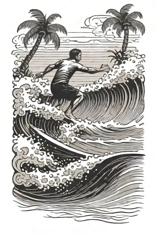 Beach With Surfer Catching A Wave