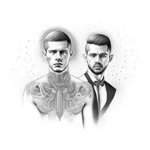 A Realistic Portrait Of Valentin And Tomas Surrounded By Intricate Celestial Patterns