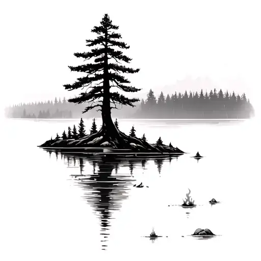 Tree On Lake With Small Fire By The Lake Surrounded By Woods
