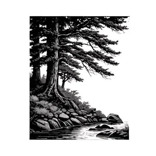 Forest With Tree And Bushes At Edge Of Rocky Stream