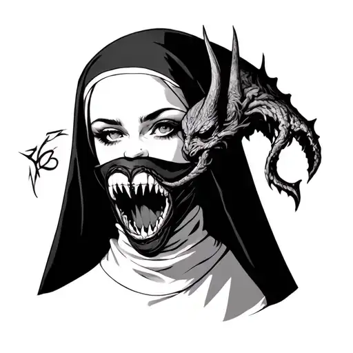 Tattoo Of A Nun With A Demon Behind Covering Her Mouth