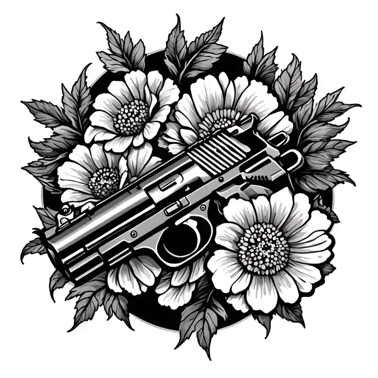 Gun With Flowers Coming Thin Line