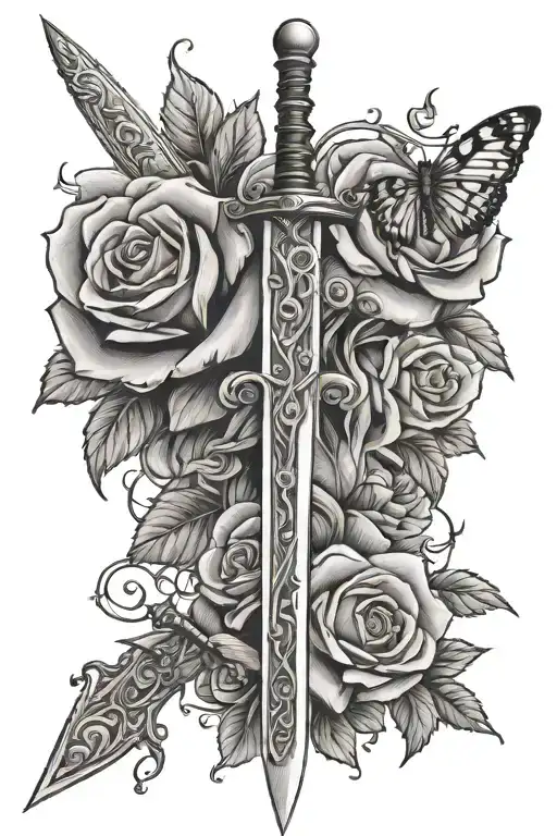 Sword With Roses And A Moth Going Vertical