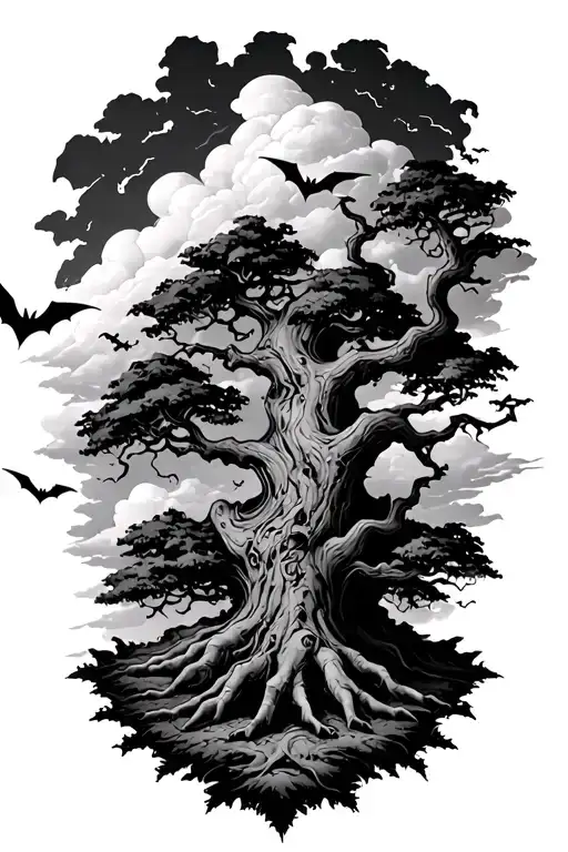 Posion Tree With Clouds Behind And Bats Flying At The Top And Bottom Of Tree