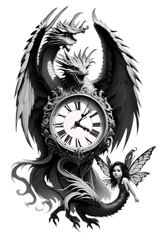 Flying Dragon Guardian Angel With Fantasy Fairy And Clock
