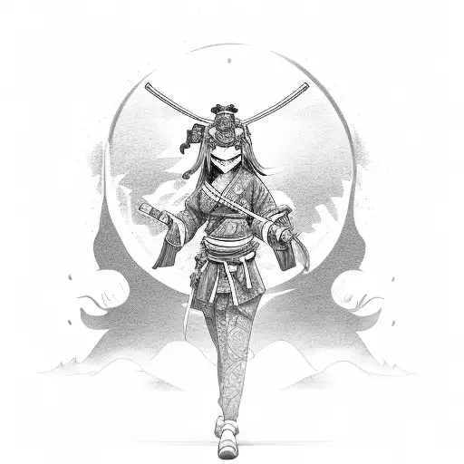 Yokai Female With Oni Mask Holding A Samurai Sword