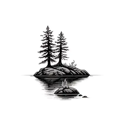 Trees On Edge Of Water With Small Fire On Edge Rocky Shore