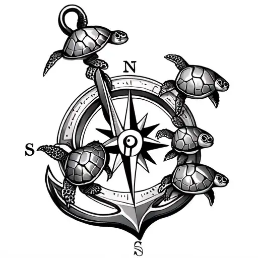 Nautical Compass Anchor And 5 Baby Sea Turtles