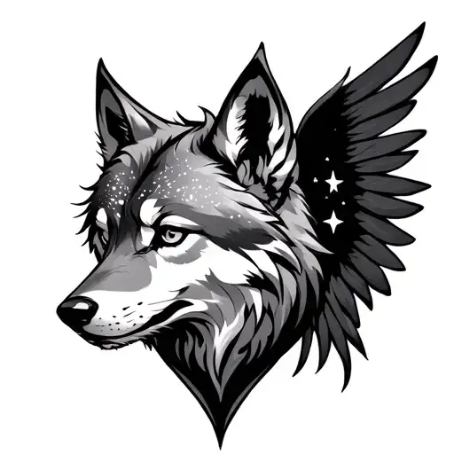 Anime And Western Inspired Design About A Full Body Fantasy Wolf With Wings And Stars