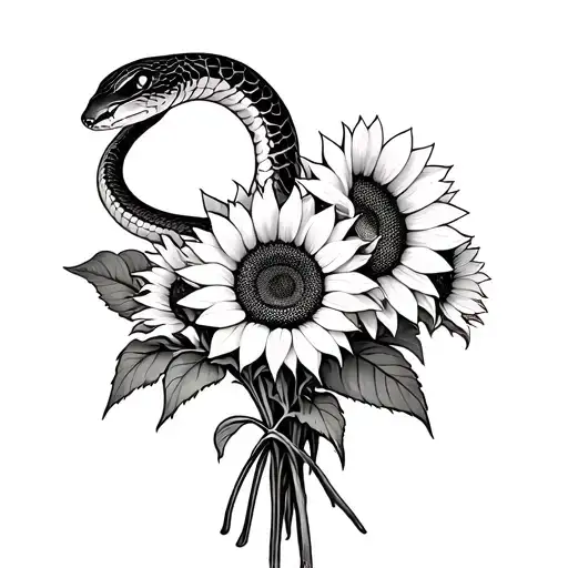 Bouquet Of Sunflowers With A Snake Wrapped Around It Resting Its Head On Top Looking To The Side
