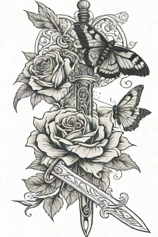 Sword With Roses And A Moth Emerging