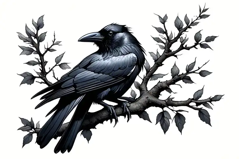 Raven Perched On Branch
