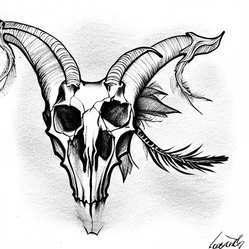 Goat Skull With Feather And Roots