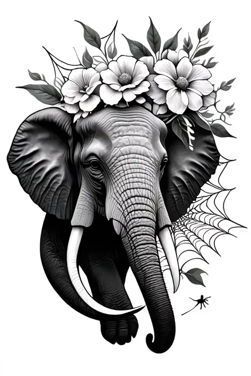 Elephant Head With Flowers And Spider Webs
