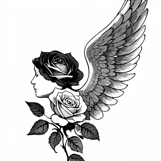 Angel Wings In Profile With A Rose Just Below