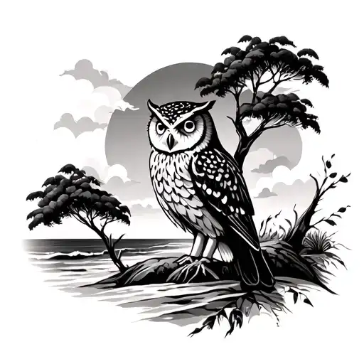 Beach Owl Trees Black And White