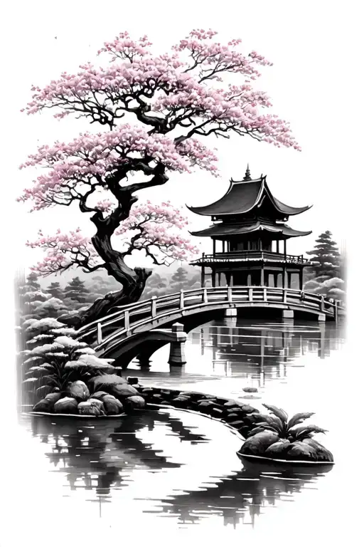 Temple Blossom Tree And Small Pond Over It With A Bridge Walking To The Temple