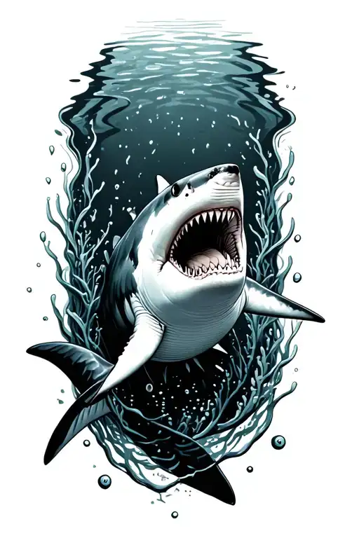 Underwater Shark Swimming Black And White Drawing