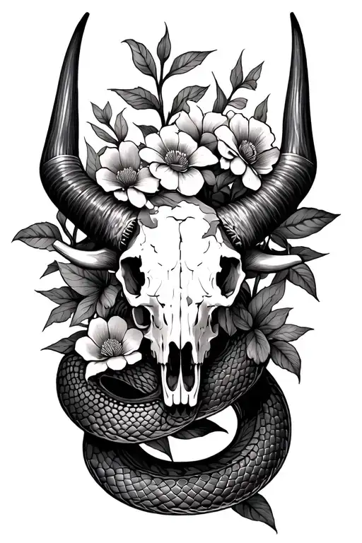 Longhorn Skull Broken Horns Flowers Growing Snake Interwined