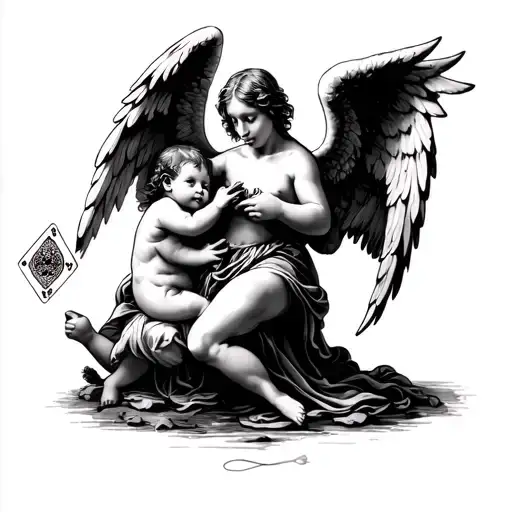 A Angel Holding Babies And Fighting Devils Playing Cards