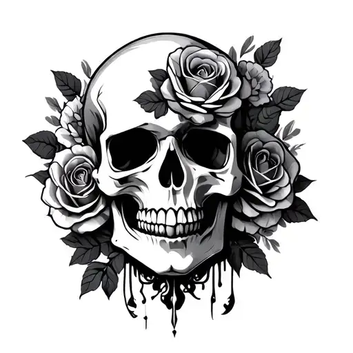Front Facing Skull With Roses And Flowers Intertwined