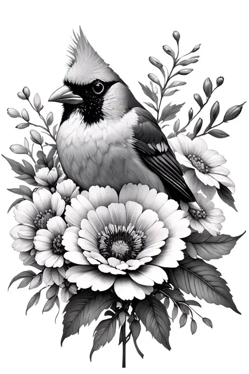 A Bundle Of Different Flowers With A Cardinalblack And White