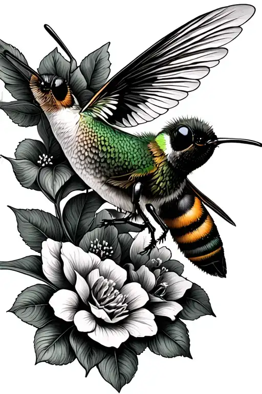 Bee And Hummingbird Flying