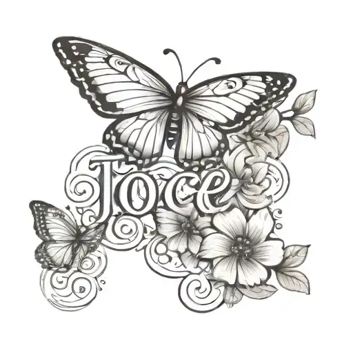 The Word 'Joce' With Flowers On One Side And Butterflies Landing On The Other Side