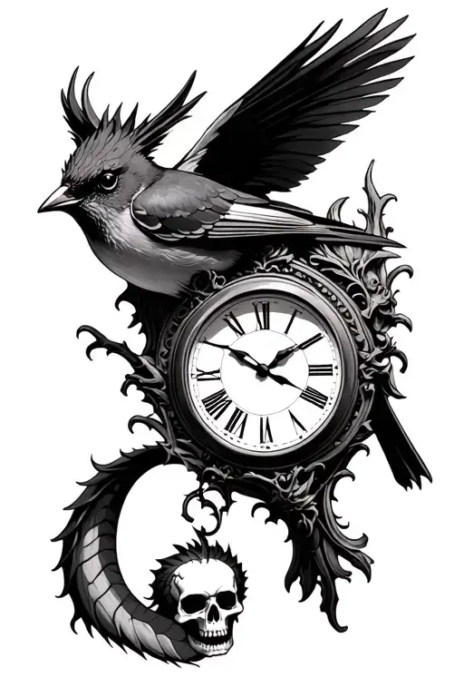A English Robin On A Clock With A Dragon And Skull