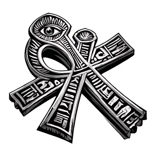 Black Ankh Cross Forearm Tatto Men Eye On Column Of Cross And Egyptian Hieroglyphs