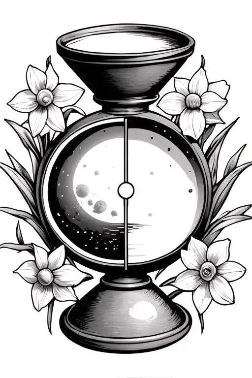 Sandtimer With A Moon And Sun Inside Each Half Of The Timer Surrounded By Daffodils Blooming