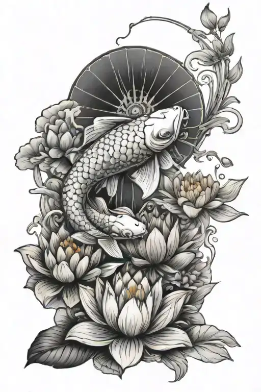 Koi Fish Lotus Flower And Woman