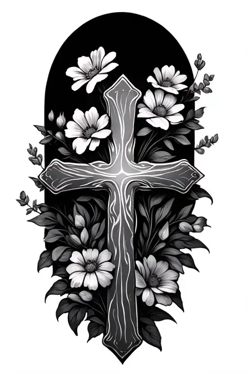 Whispy Cross With Flowers Behind It From Top Right