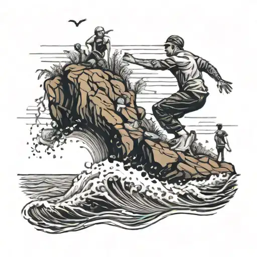 Jumping In The Ocean From A Cliff With Friends Sitting