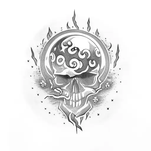 Skull With Fire And The Moon And Stars