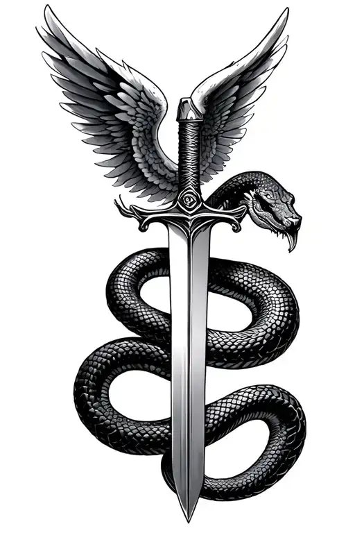 Snake Coiled Around A Winged Sword Piercing Its Head