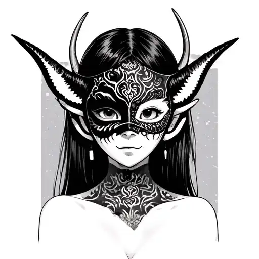 Cute Girl Hold In Hads Oni Mask And Cover Half Of Face