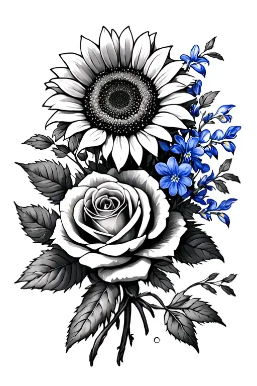 Bouquet With Sunflower Rose And Bluebells Intertwined