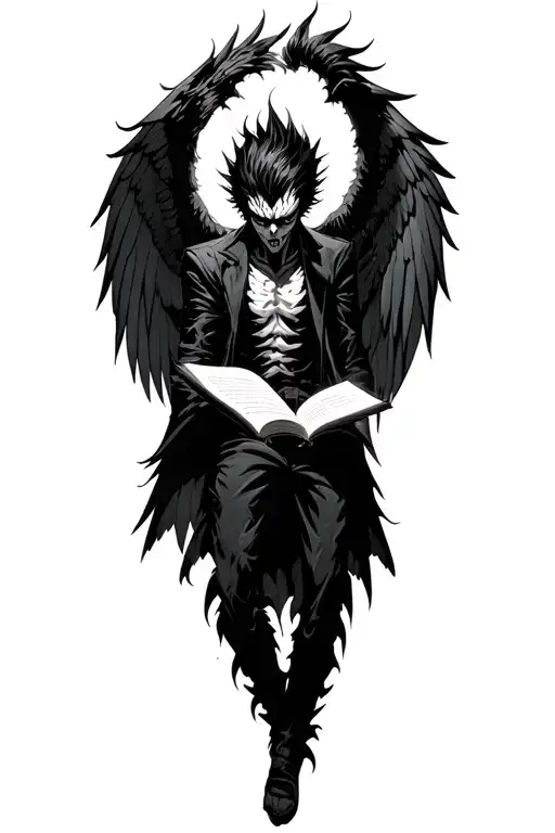 Ryuk Spreading His Wings Over Light Yagami Writing In The Deathnote