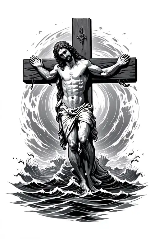 Jesus In A Cross With The Red Sea Open Waters