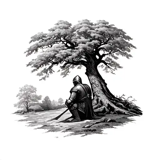 Knight Kneeling Under Oak Tree