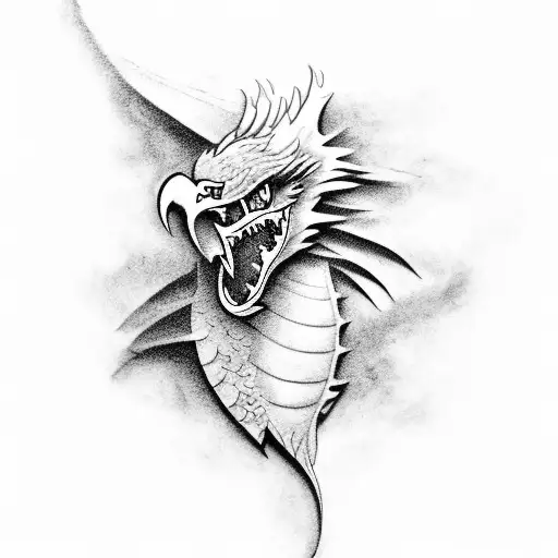 Design A Black-grey Tattoo Depicting Iconic Movie Scenes With A Dragon And Eagle Twist