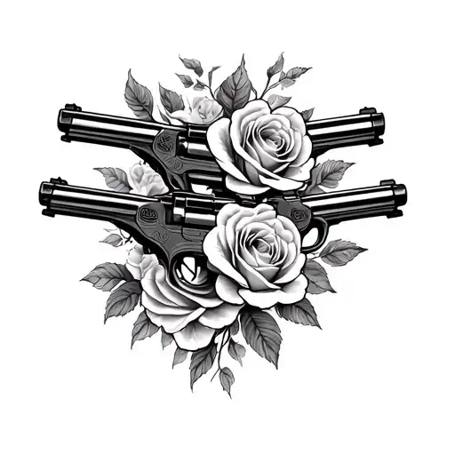 Feminine Double Gun Tattoo With Roses Blooming