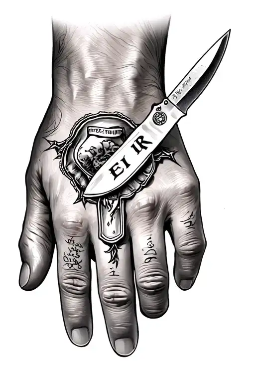 Tattoo On The Hand Of The Hand Is A Large Inscription Eir And A Condom On Which A Hunting Knife Lies