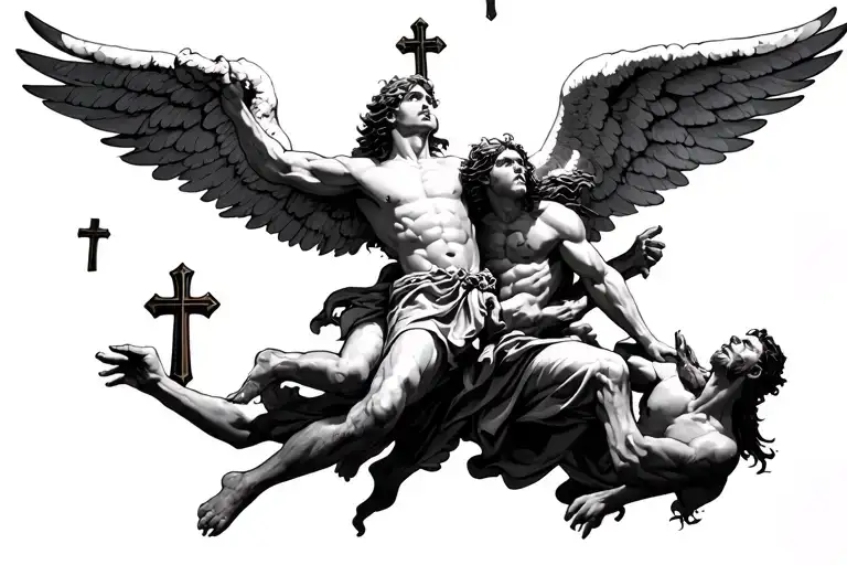 Angel Fighting Demons To Protect Humans Floating With Crosses On Sides