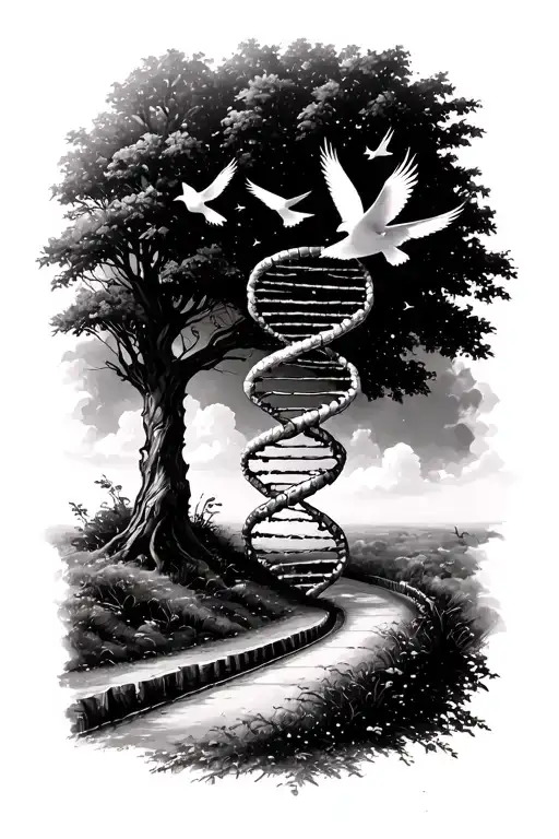 Road With Birds Flying Upwards Connected To A Dna Helix Going Into A Tree
