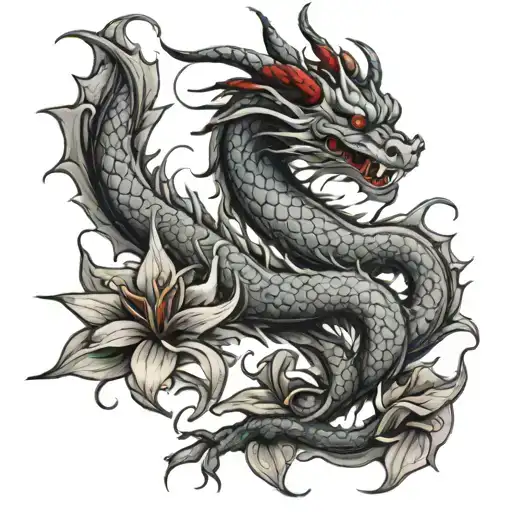 Chinese Dragon Without Whiskers Holds A Red Lily In Its Paw
